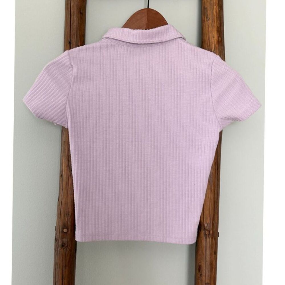 Hollister Lilac Ribbed‎ Crop Button-Up Polo Top Short Sleeve Summer Y2K Style - Picture 2 of 3